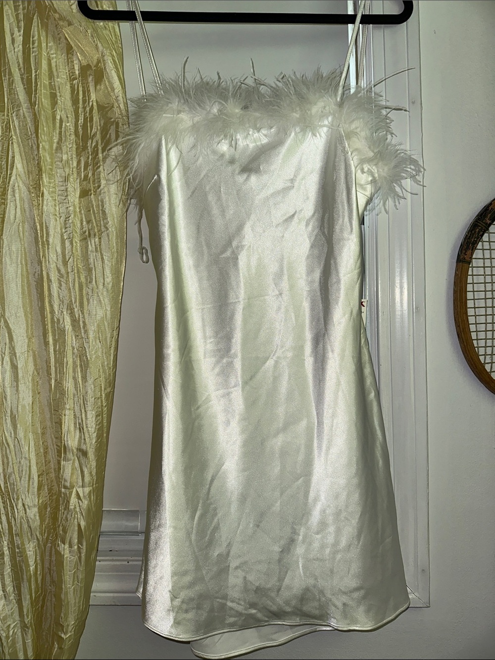 Elegant White Satin Mini Dress with Feather Trim